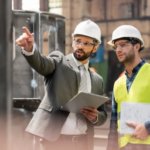 Experienced manufacturing supervisor reviewing production processes with a floor operator in a precast concrete plant